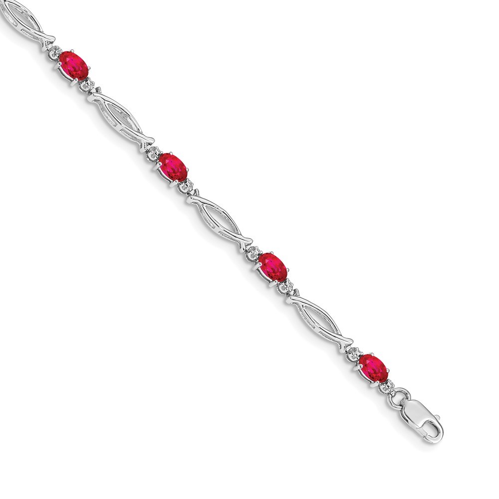14k White Gold Diamond and Red Ruby (July Birthstone) Bracelet, 7.25" Length